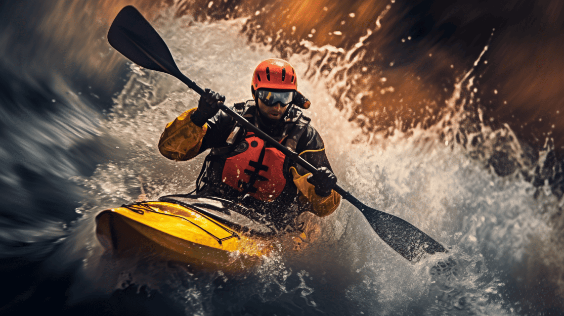 Kayaker in rough waters. Emergency Situations In Kayaking